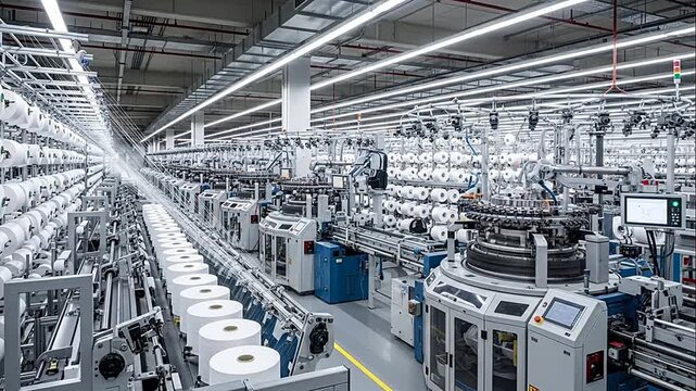 Busy Textile Factory with Circular Knitting Machines and Yarn Production