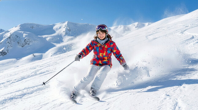 スキーで雪原を滑り降りる女性