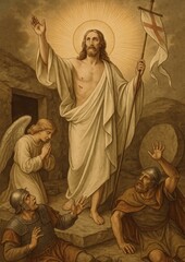 Fototapeta premium Resurrection scene with divine figures.
