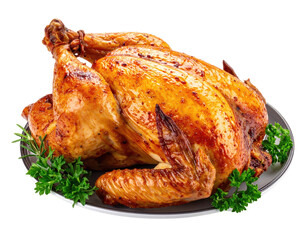 Golden roasted chicken, garnished, on a silver platter