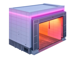 Isometric view of a loading dock illuminated with neon lighting