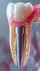 A dental implant inserted into a tooth with a metal screw and pink gum