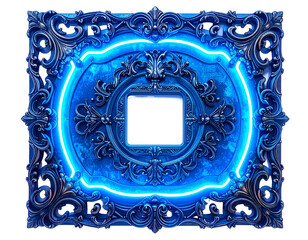 Ornate blue frame with glowing neon, central empty square, & dark background