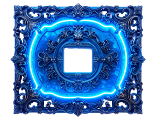 Ornate blue frame with glowing neon, central empty square, & dark background