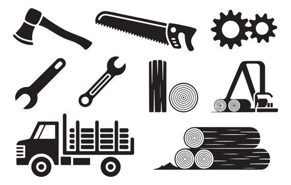 Black silhouette set of carpentry and forestry tools including axe saw wrench and transport truck