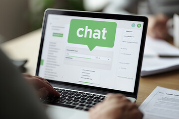 Laptop screen shows chat interface, representing customer support and messaging.