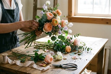 Woman florist making a fresh flower bouquet on a rustic wooden table. Floral design and creative handcraft for spring and summer celebration.
