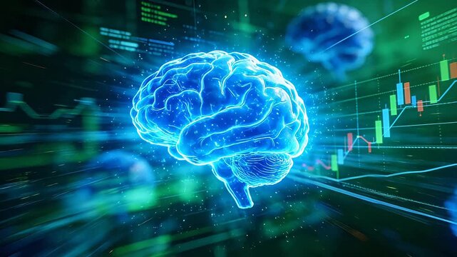 Digital brain models with code and data charts in futuristic background