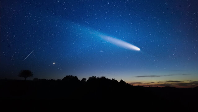 Milky Way stars, planets, comets and meteor shower trails and countryside tree silhouettes.