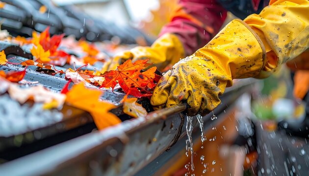 Person cleaning leaves from gutter.
