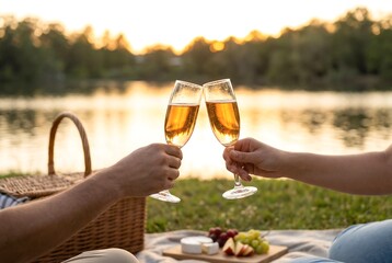 A man and woman toast with champagne flutes during a romantic picnic by a lake at sunset. Romantic date concept for anniversary.