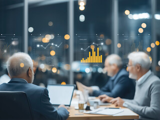 Business meeting in boardroom with analytics overlays and blurred city lights.​