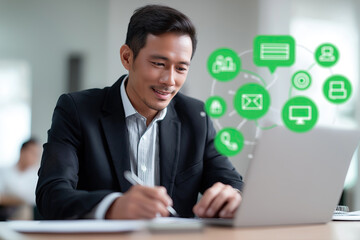 Businessman works on laptop as communication icons float, indicating digital networking.