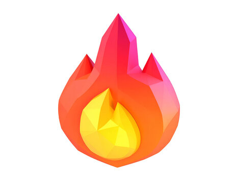 A 3D rendered, low-poly flame, with orange to red gradient colors