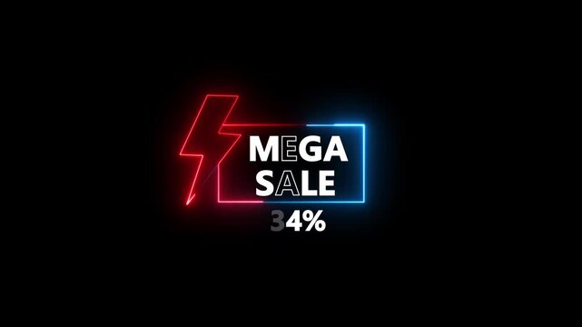 Glowing neon text Mega Sale 34 Percent Off Discount Announcement With Lightning Bolt. discount promotion for online and retail shopping with dark background.