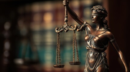 The Lady Justice Statue Holding Scales in a Law Library with Blurred Books