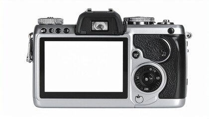 Rear View of Silver and Black Digital Camera with LCD Screen and Control Dials