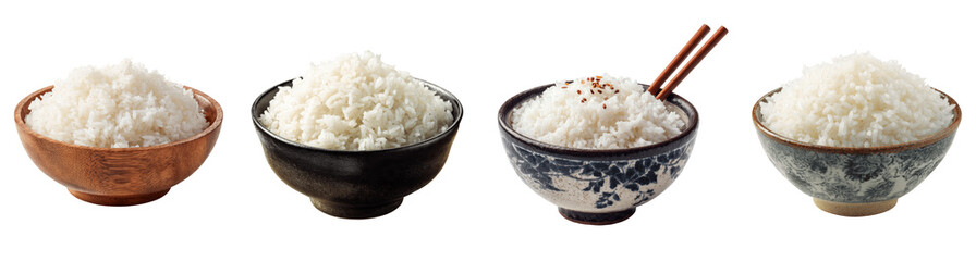 Set of assorted bowls with steamed white jasmine rice collection, PNG, transparent background