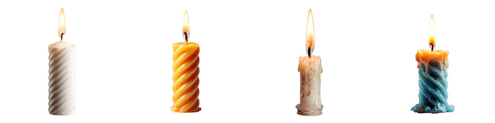 Set of diverse burning spiral candles with melting wax and bright flames PNG, transparent background