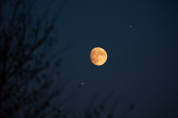 Full Moon, stars, planets and landscape scenery silhouettes.