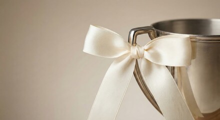 Trophy with ribbon for award ceremony on table.