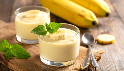 A dessert scene featuring two glasses of creamy pudding topped with sliced bananas and fresh mint leaves on a wooden table