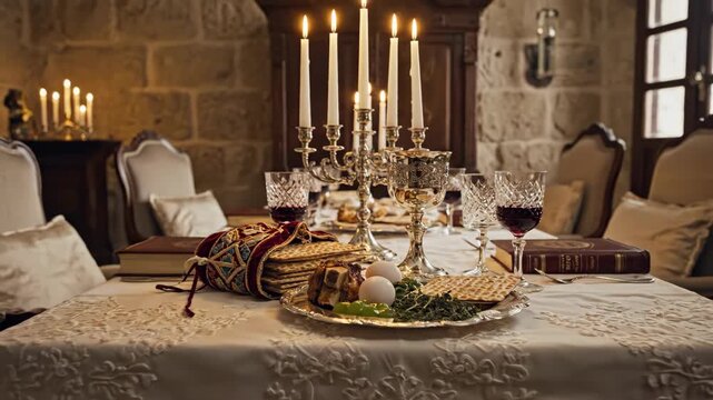 Elegant Passover Seder Table Setting with Candles, Wine Glasses, Matzo, and Traditional Items in a Rustic Dining Room