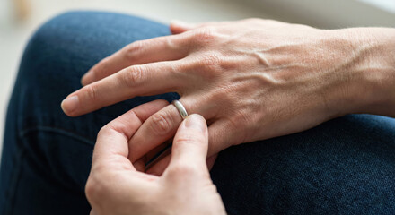 Person removing wedding ring, family conflict