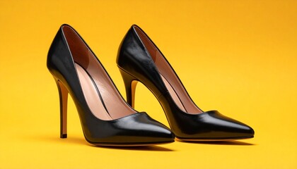 Glossy Black High-Heeled Shoes with Pointed Toes on Vibrant Yellow Background