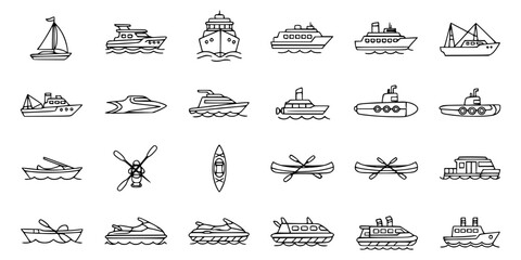 Collection of simple black and white vector drawings of various watercraft and nautical vessels, showcasing diverse boat types for marine transport and leisure activities