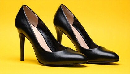 Glossy Black High-Heeled Shoes with Pointed Toes on Vibrant Yellow Background