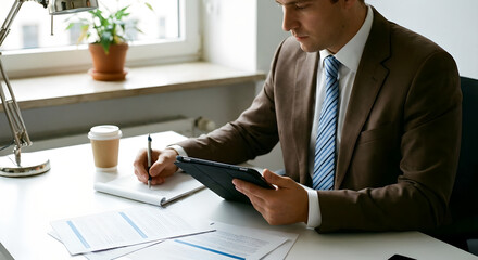 Businessman with tablet and business charts at their desk.