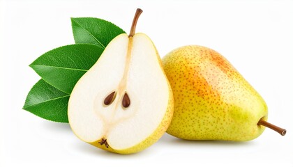 Pears Including One Sliced to Reveal Juicy Interior on white Background