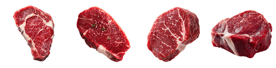 Assorted fresh raw beef steak cuts including ribeye and tenderloin for culinary meat preparation PNG, transparent background