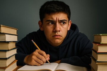 stressed teenage student studying with textbooks, confused boy doing homework and preparing for challenging school exam