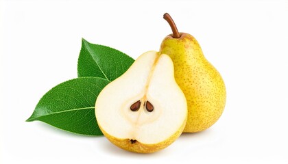 Pears Including One Sliced to Reveal Juicy Interior on white Background