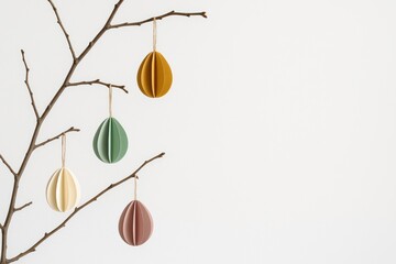 Minimal easter tree branch with pastel hanging paper eggs on white background and copy space for seasonal spring decoration concepts