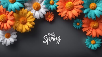 A colorful bouquet of flowers with the words "Hello Spring" written below