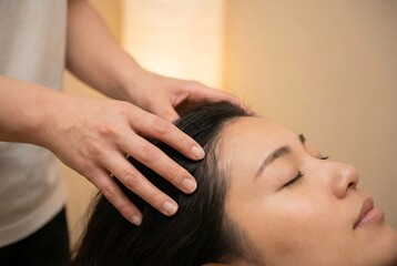 Woman receiving a relaxing scalp massage in a spa, wellness and self care concept for peace and tranquility.