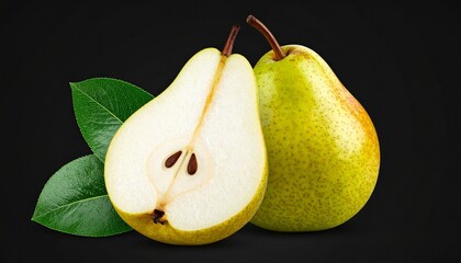 Whole and Halved Pears with Green Leaves on Black Background
