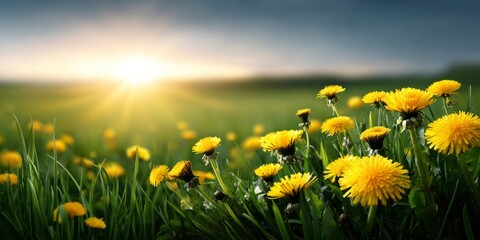 A field of yellow flowers with the sun shining on them