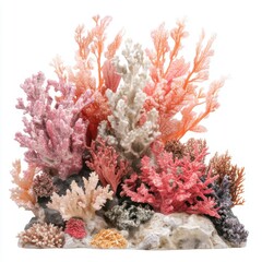 Colorful coral reef arrangement with soft pastel branches and textured rock base on white background
