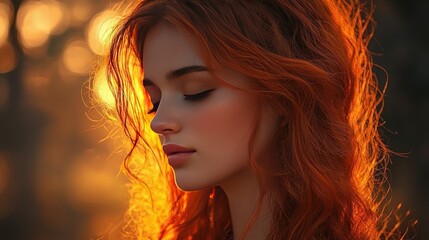 Portrait of a woman with vibrant red hair, bathed in warm sunlight with closed eyes