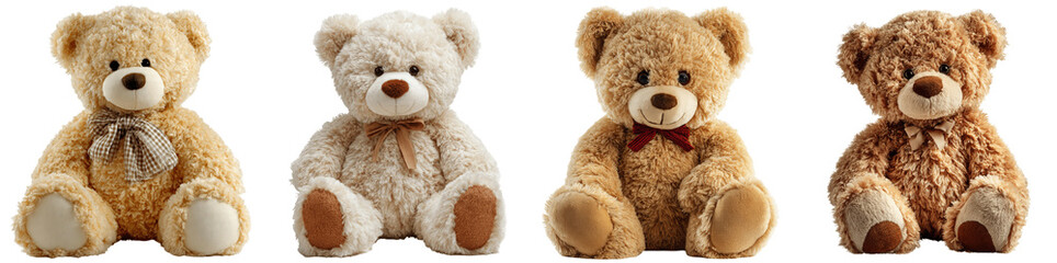 Set of four cute fluffy teddy bears with various bow ties and ribbons isolated PNG, transparent background