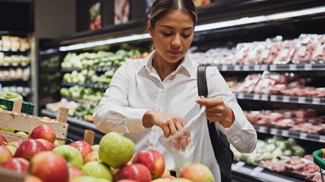 Woman examining a green apple while shopping for fresh produce in a grocery store