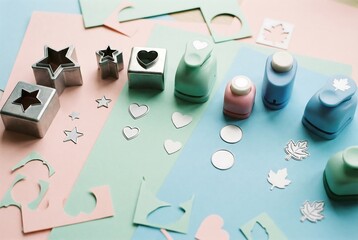 Craft punch tool and metal cookie cutters for creative hobby activities. Top view of colorful paper cutouts for art project.