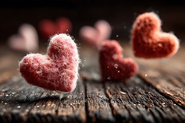 Obraz premium Valentine's Day Fuzzy Heart Decorations on Rustic Wooden Background