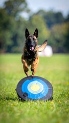 A dog running on a grassy field with a colorful target