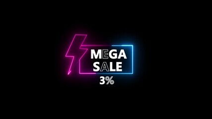 Glowing neon text Mega Sale 3 Percent Off Discount Announcement With Lightning Bolt. discount promotion for online and retail shopping with dark background