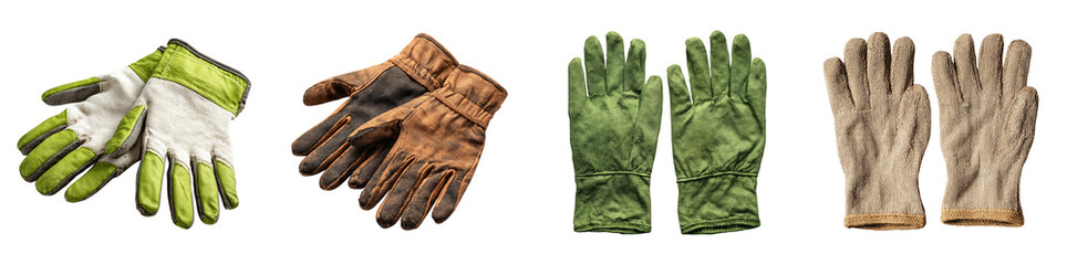 Set of diverse protective work and gardening gloves for hand safety PNG, transparent background